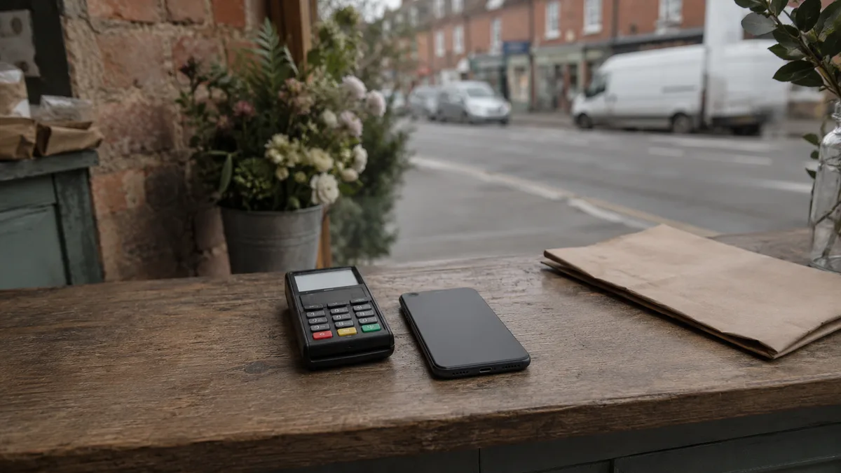 A card reader and a face down mobile phone on a wooden shop counter beside a folded paper bag
