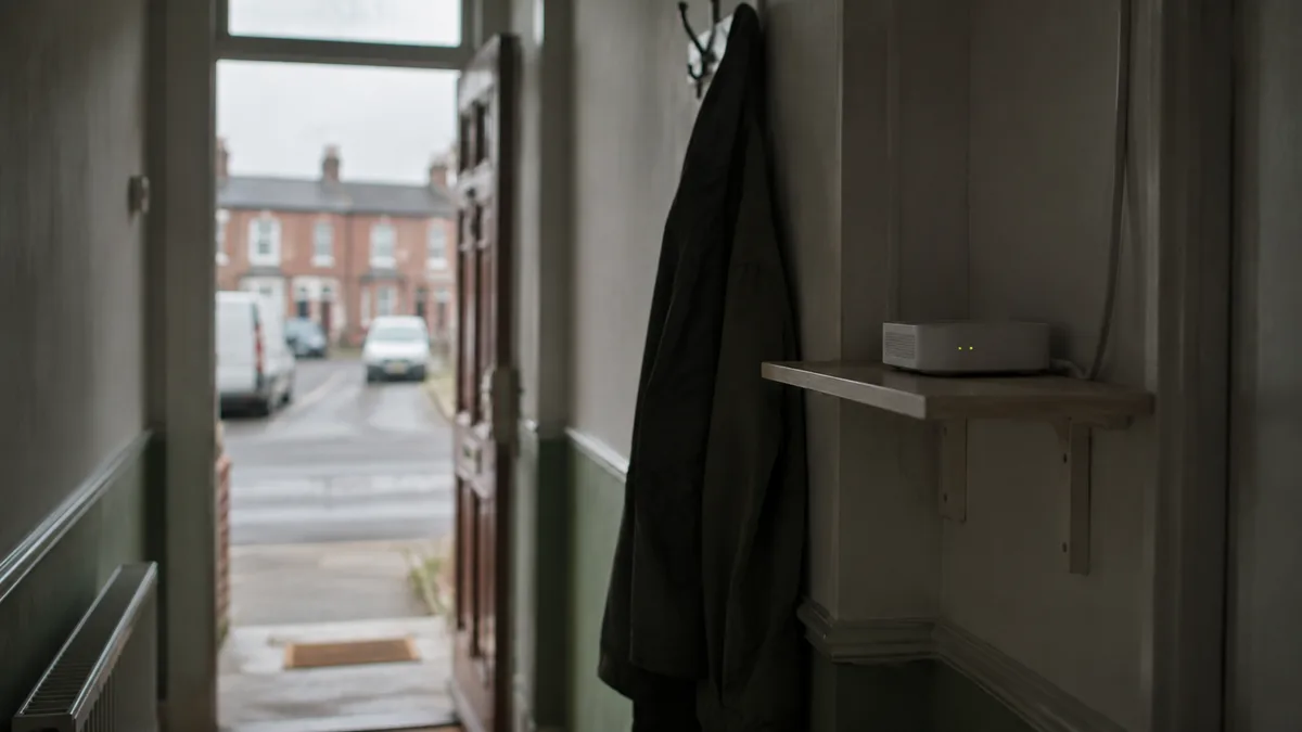 An unbranded internet router on a narrow shelf in the hallway of a small terraced house