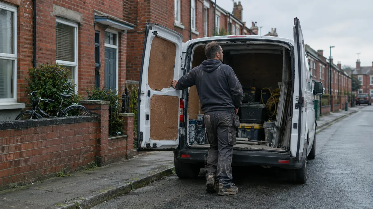 A tradesperson standing at the open rear doors of a plain white van parked on a red brick terraced street on an overcast morning