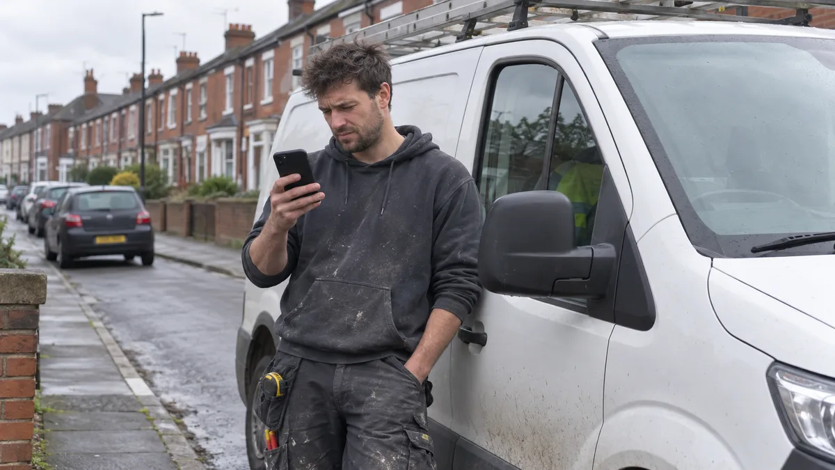 A tradesperson checking a phone beside a work van on a residential street