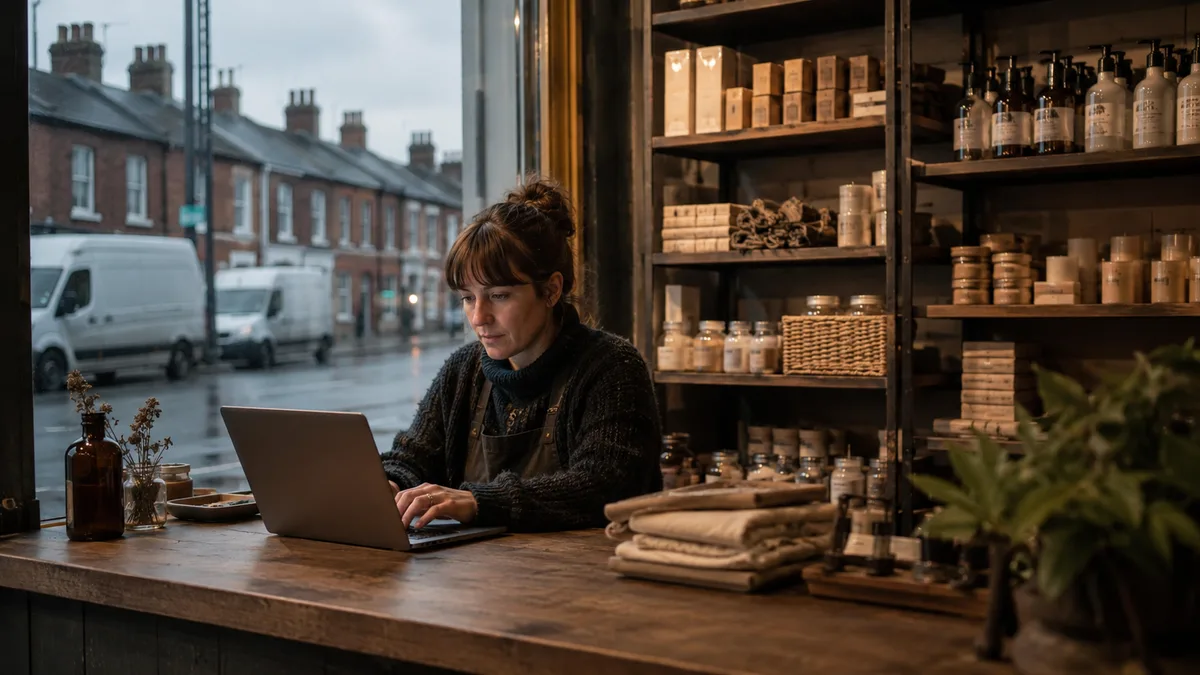 A shop owner working on a laptop at the counter of a small independent shop