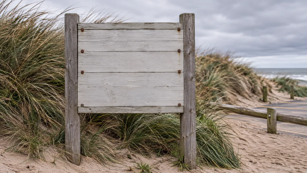 A blank, weathered timber signboard on two posts at the edge of the dunes, its boards held with rusted bolts, marram grass around it and a sandy path and wooden fence leading towards a grey sea under a heavy overcast sky