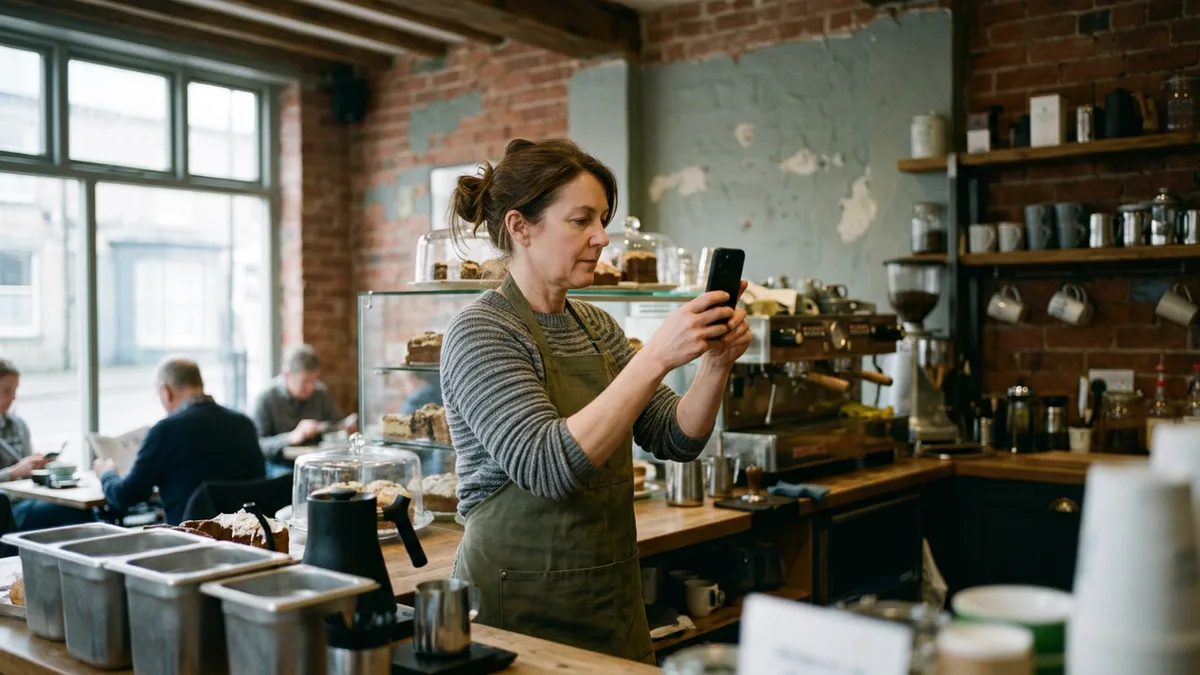 A cafe owner photographing the counter of a small cafe on her phone for the business listing