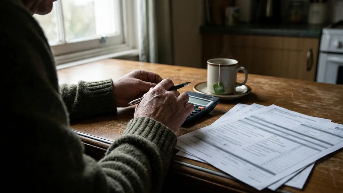 Hands working through paperwork with a calculator and a mug of tea at a kitchen table