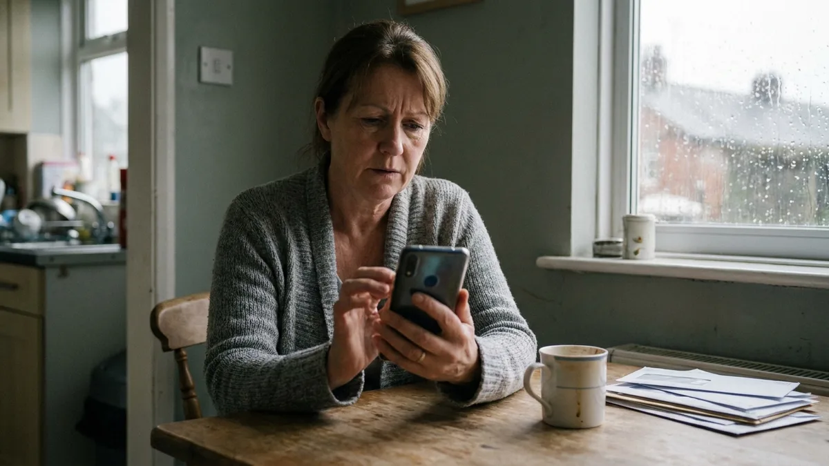 A woman sitting at a kitchen table looking at her phone, the screen angled away and out of focus