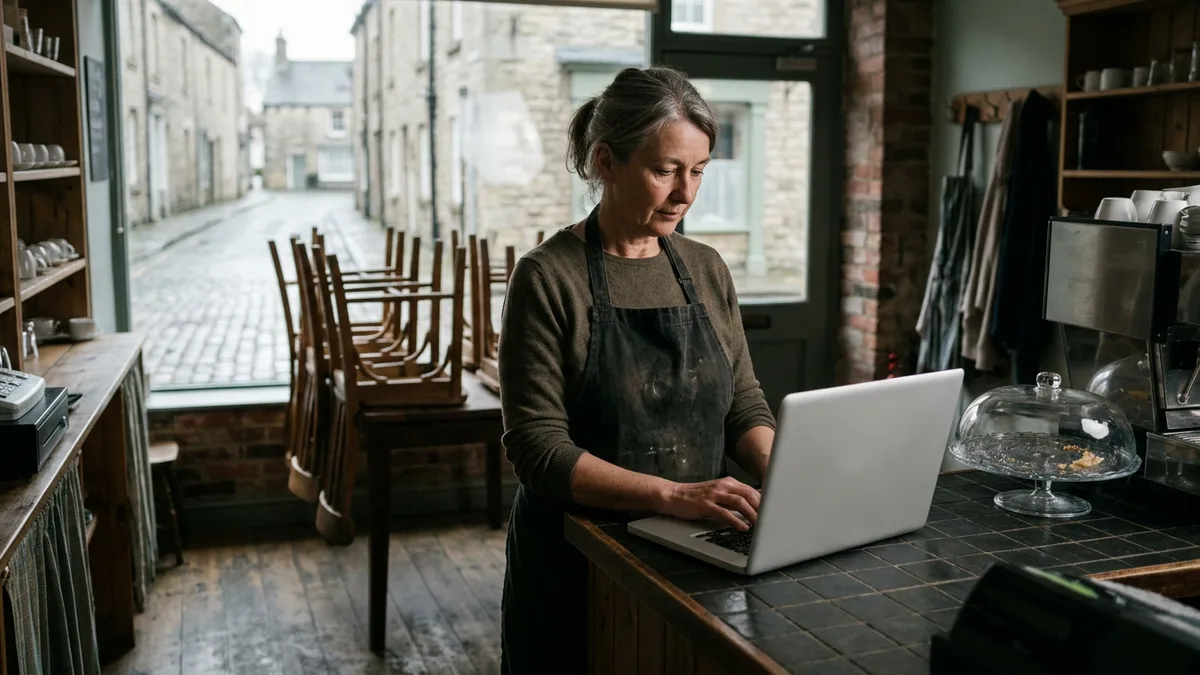A cafe owner working on a laptop behind the counter of a small market town cafe after closing
