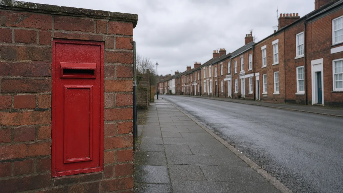 A plain red postbox set into a red brick wall beside a pavement on a quiet market town street under an overcast sky, with no people about