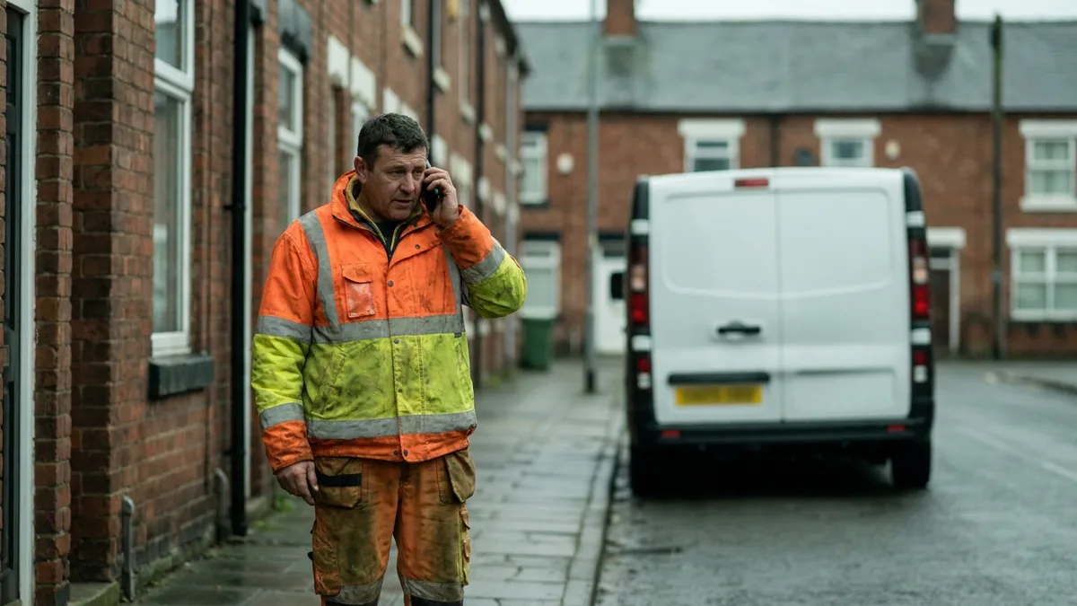 a builder beside his van on a terraced street, making a phone call