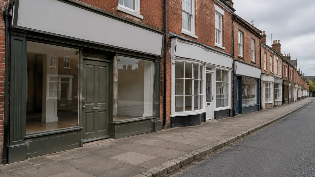 A quiet terraced market town street at opening time, small independent shop fronts with closed doors and plain blank fascia boards above them, red brick facades under an overcast grey sky