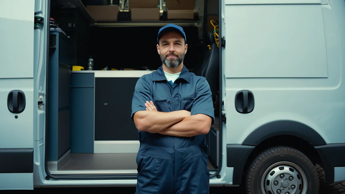 a tradesperson standing confidently outside a small workshop or van, looking approachable