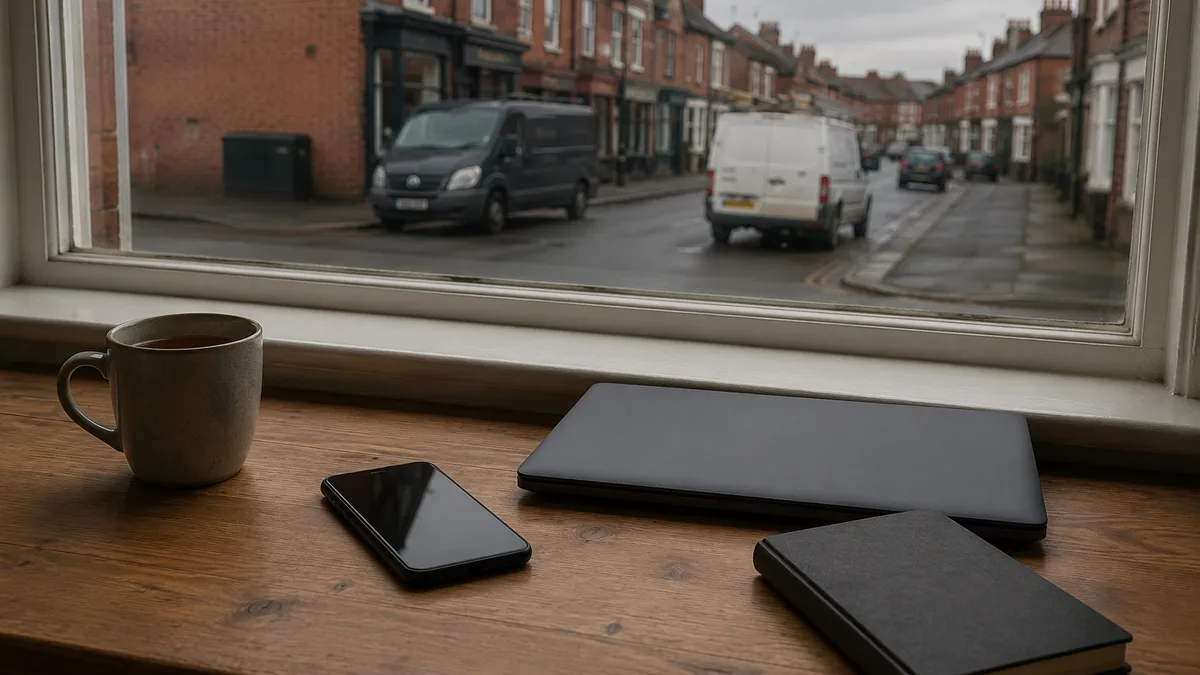 A mobile phone with a dark screen lying face up on a wooden back office desk beside a closed laptop, a plain notebook and a mug of tea, under a window with grey daylight