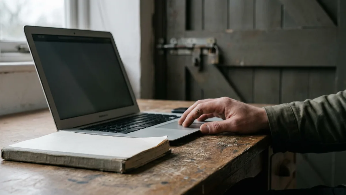 a laptop and notebook on a workshop desk, with a bolted door out of focus behind