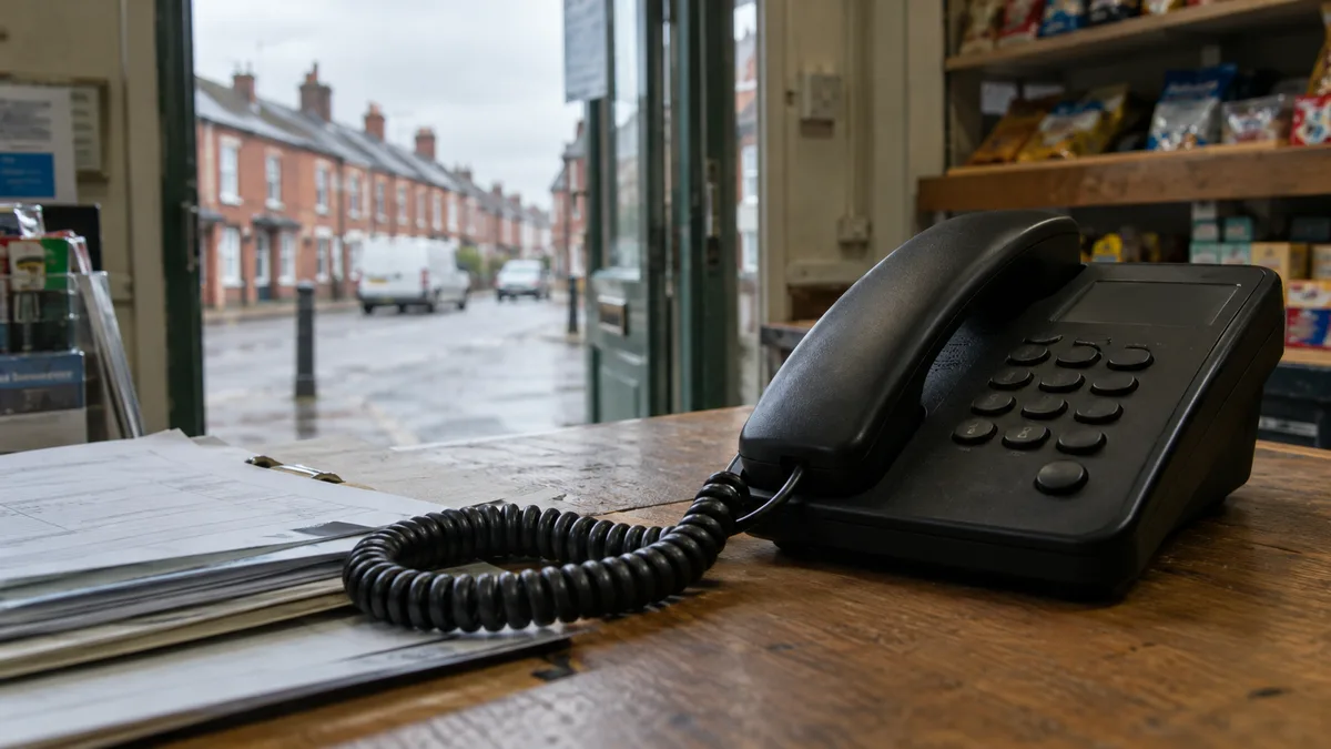 A black corded landline telephone on a wooden counter in a small shop, its coiled cord trailing across a stack of paperwork, with the shop doorway and an overcast street visible behind