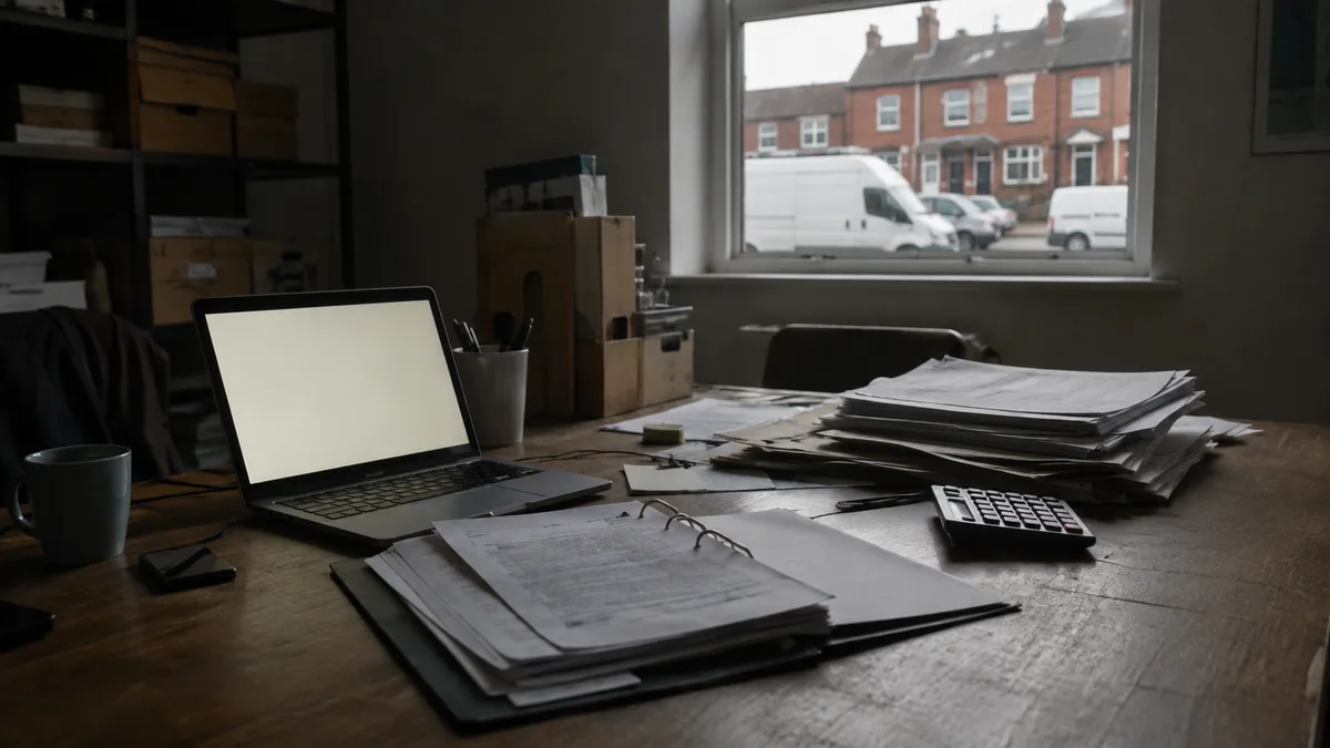 A laptop and a paper file of invoices on a cluttered back office desk beside a calculator, nobody in the room