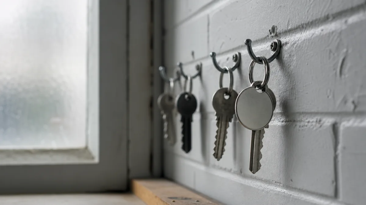 A row of keys on hooks on a painted brick wall in a small business back room, one key tag plain and unmarked