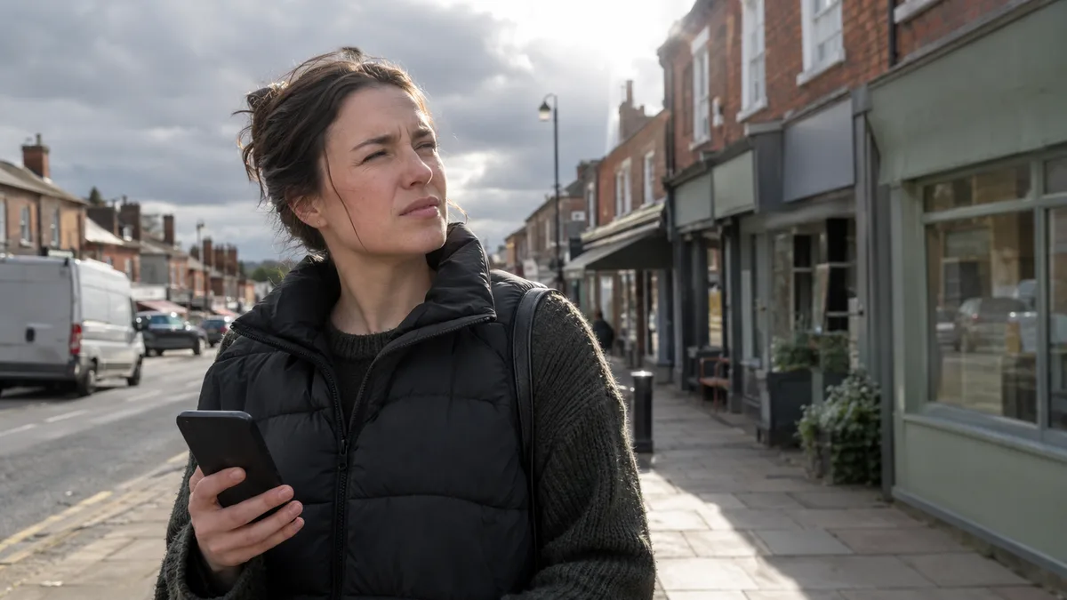 A person in a padded gilet holding a plain phone turned away from the camera, squinting slightly in bright sunlight outside a parade of red brick shops