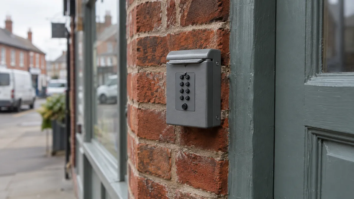 A plain grey metal key safe box mounted on a red brick wall beside the painted wooden side door of an independent shop, photographed in flat overcast daylight