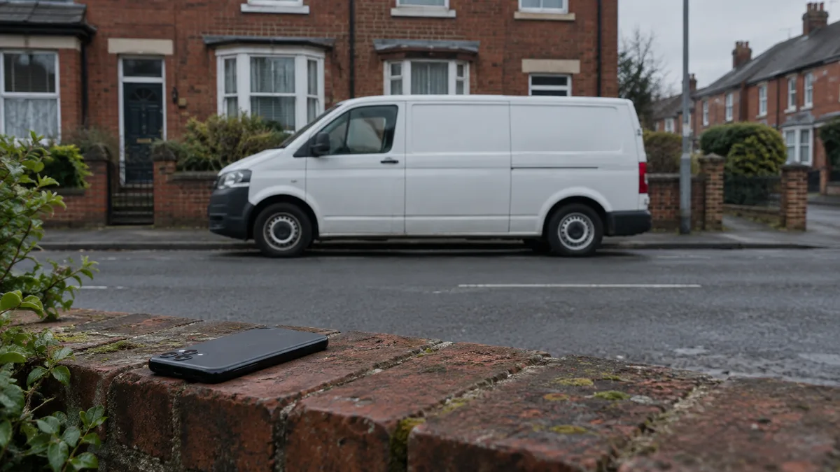 A mobile phone lying face down on a low brick garden wall in the foreground, with a plain unbranded white work van parked side-on at the kerb of a terraced residential street behind, under an overcast morning sky
