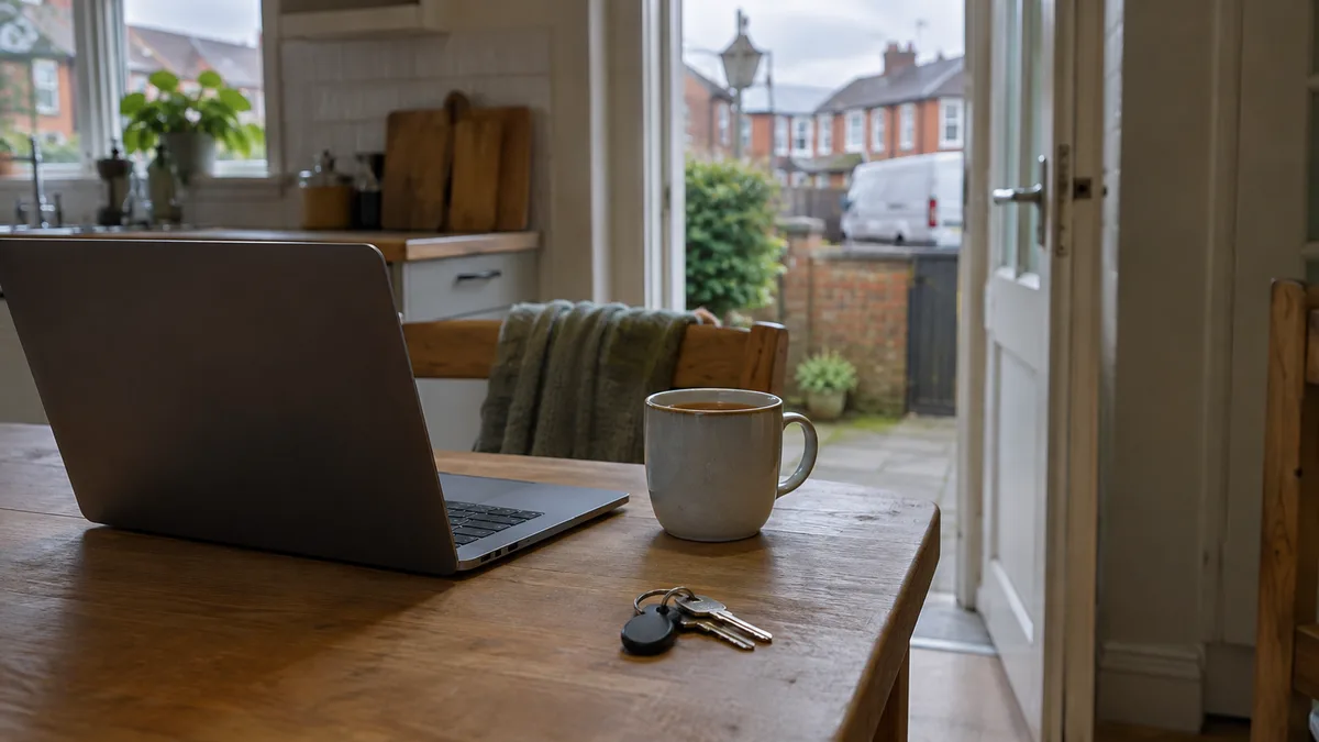 An open laptop turned slightly away from the camera on a kitchen table beside a mug of tea and a keyring, with a back door to a yard visible in the background