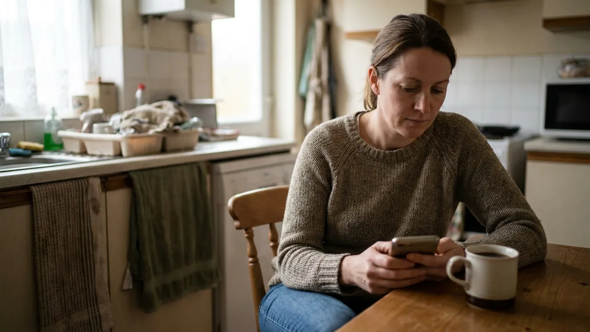 a woman sitting at a kitchen table looking at her phone, deciding whether to call a local business