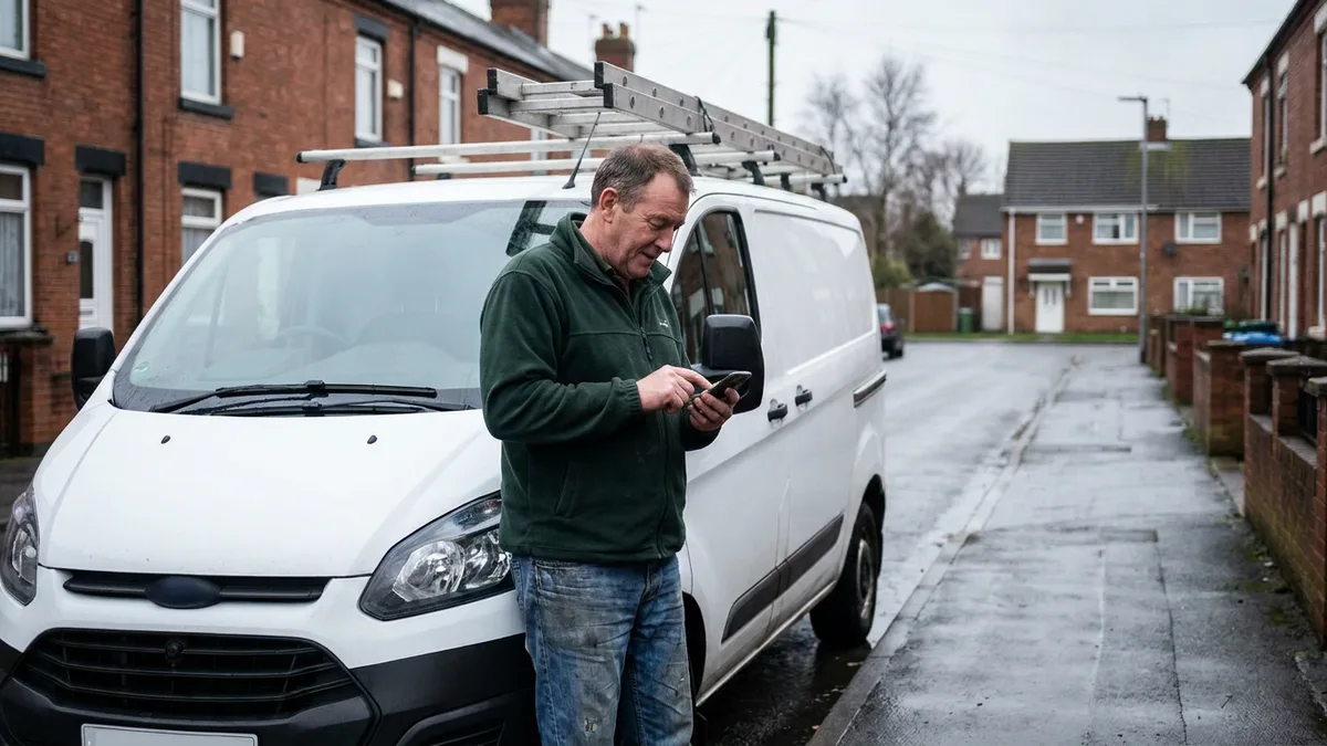 a tradesman standing beside his van on a terraced street, checking his phone between jobs