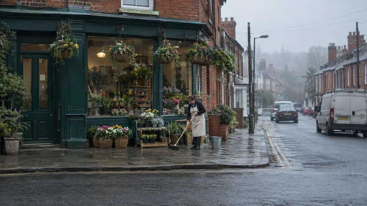 A person in a plain unbranded apron sweeping wet flagstones in front of a small red brick shop on an overcast morning, a bucket set down on the pavement beside them, wicker baskets of flowers hanging above the shopfront and terraced buildings fading into the grey distance