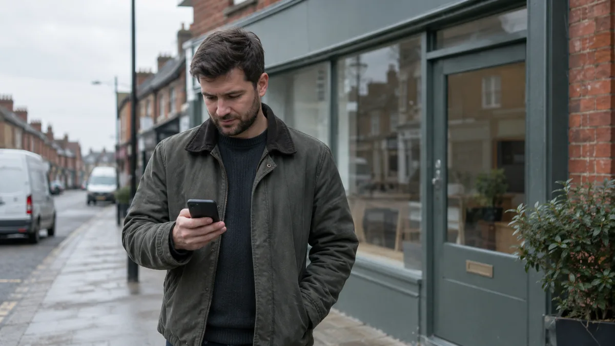 A business owner standing on the pavement outside a small unbranded shopfront, holding a plain unbranded smartphone at chest height and looking at it, the screen angled away and out of focus