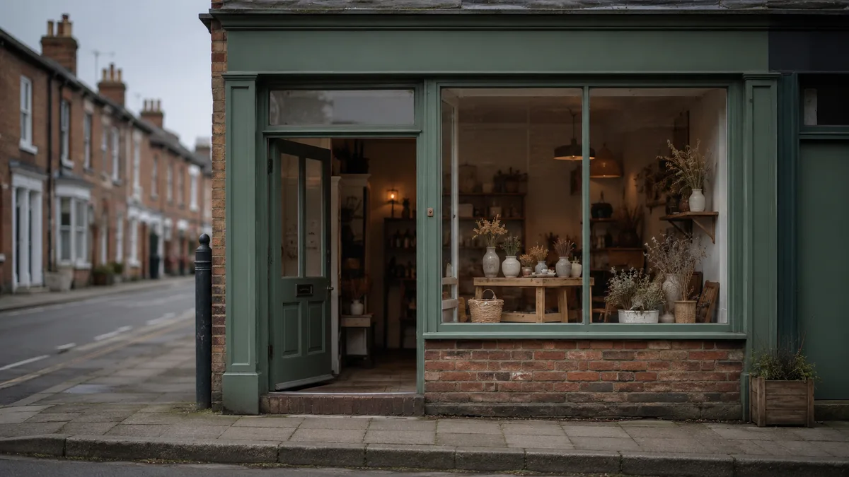 A small shop on a terraced street with its door open onto the pavement and a plain window above a brick step.