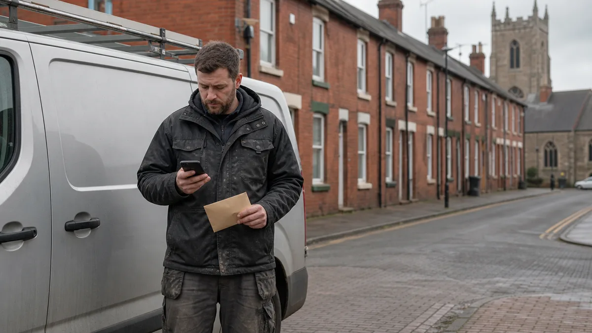 A tradesman checking a phone beside his van on a red brick terraced street, an unopened letter in his other hand