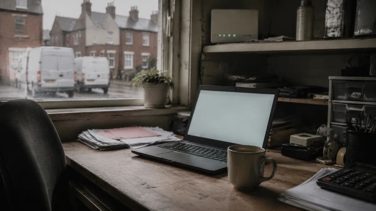 A cluttered small business back-office desk with a laptop, papers and an old plain router in the background