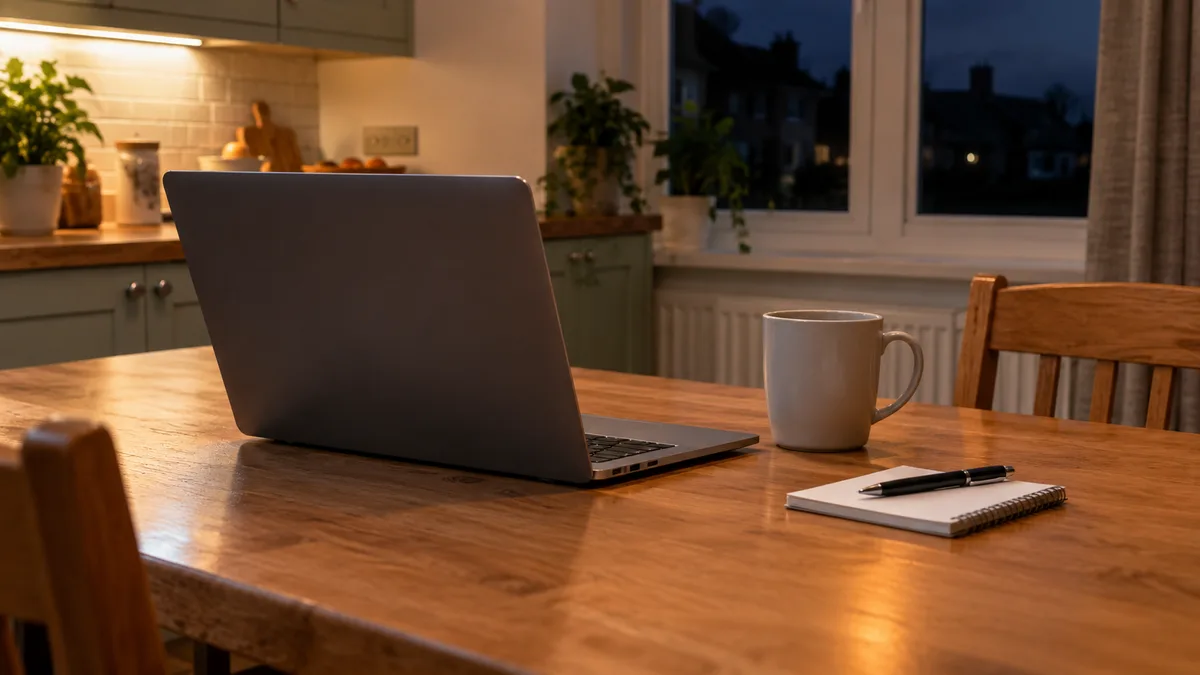 An open laptop with its screen turned away from the camera on a kitchen table in the evening, a mug and a notepad with a pen beside it, the window behind dark, nobody in the room