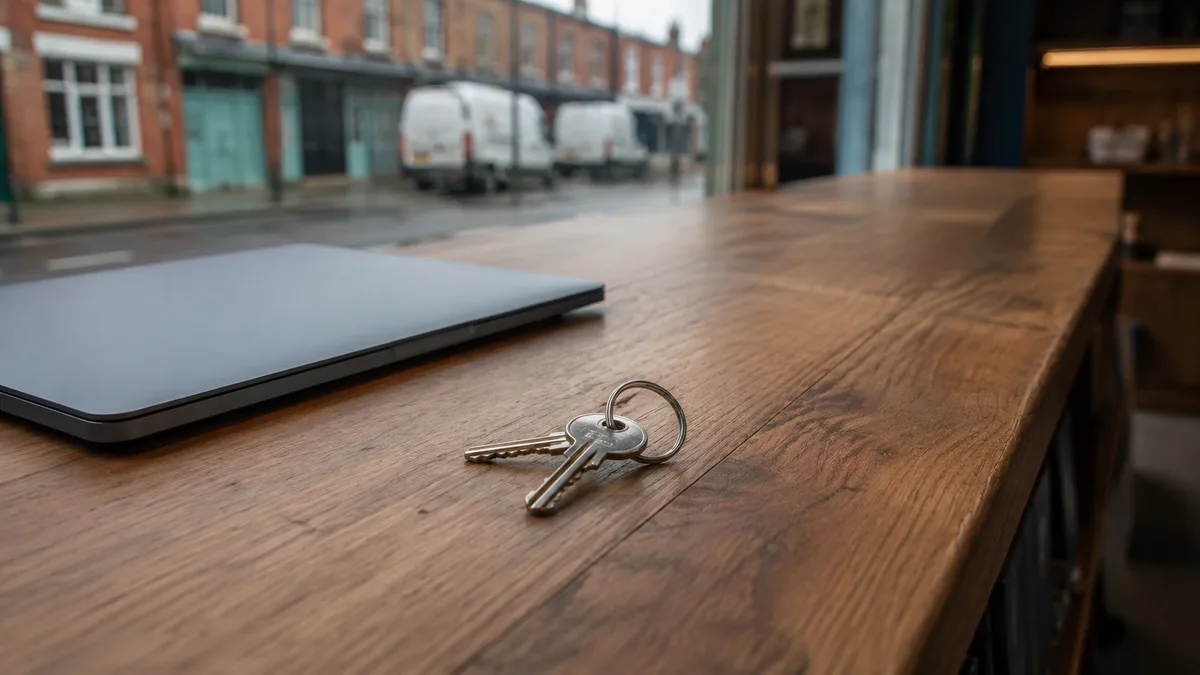 A small bunch of keys on a plain keyring lying on a wooden shop counter in daylight beside a closed laptop