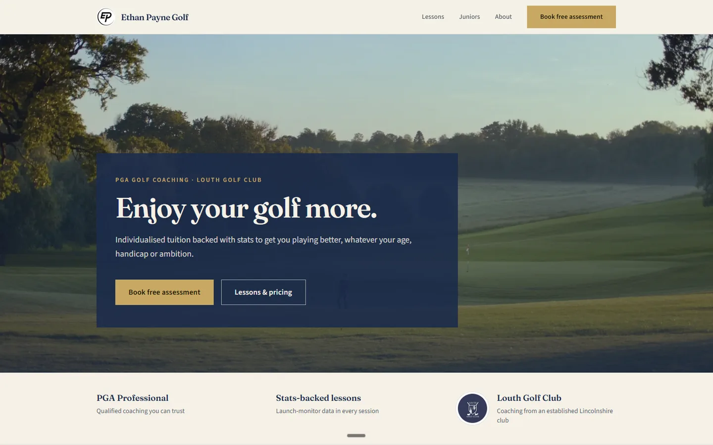 Homepage of Ethan Payne Golf: a deep navy panel over a photograph of a misty golf course at first light, headed 'Enjoy your golf more', with gold Book free assessment and outlined Lessons and pricing buttons.